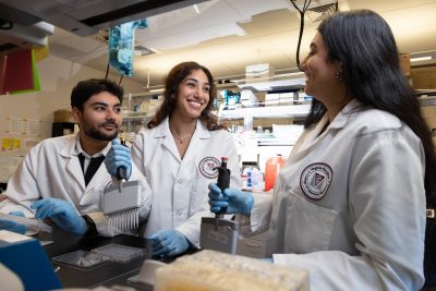 (From left) Pavly Amin, Aida Shakeri, and Rana Estaleen of the Xin Luo Lab at the Virginia Maryland College of Veterinary Medicine.