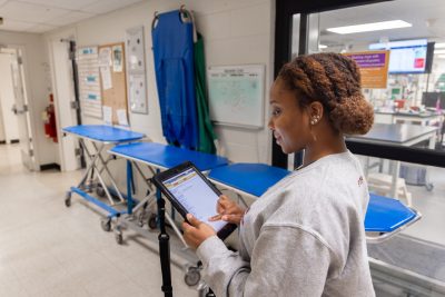 Veterinary professional working on a tablet.