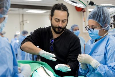 Veterinary surgeon teaching students proper veterinary techniques.